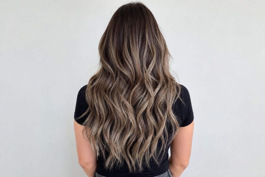 Smoky ash blonde balayage on brunette hair