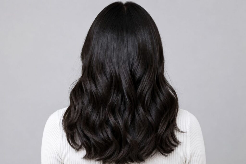 Soft black hair color level 2 with subtle warm undertones in sunlight