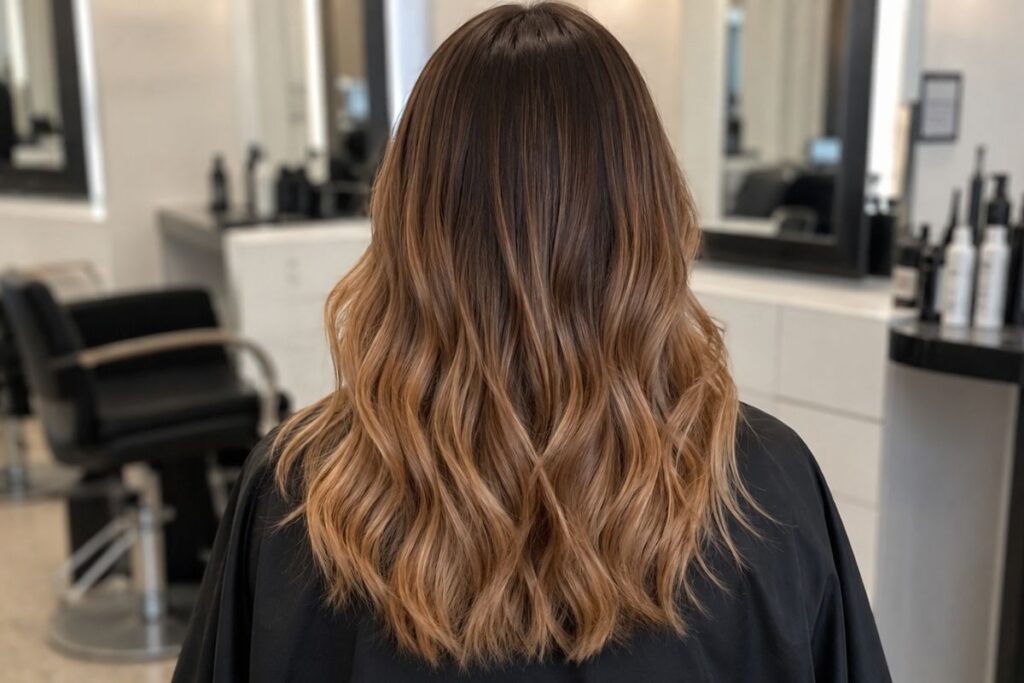 Brunette transitioning to soft caramel blonde hair