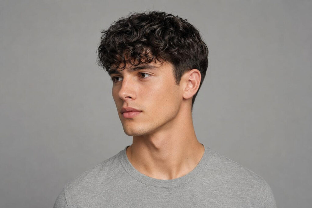 Spot perm for men with subtle texture added to crown section only