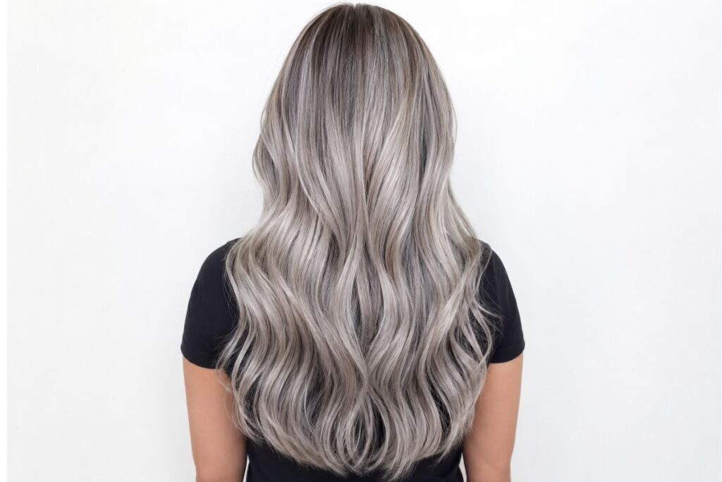 Steel ash blonde hair with metallic cool tones