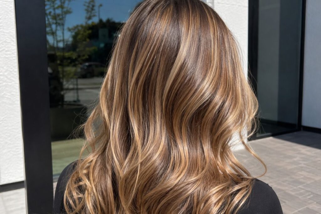 Sun kissed caramel blonde hair with lighter face framing pieces
