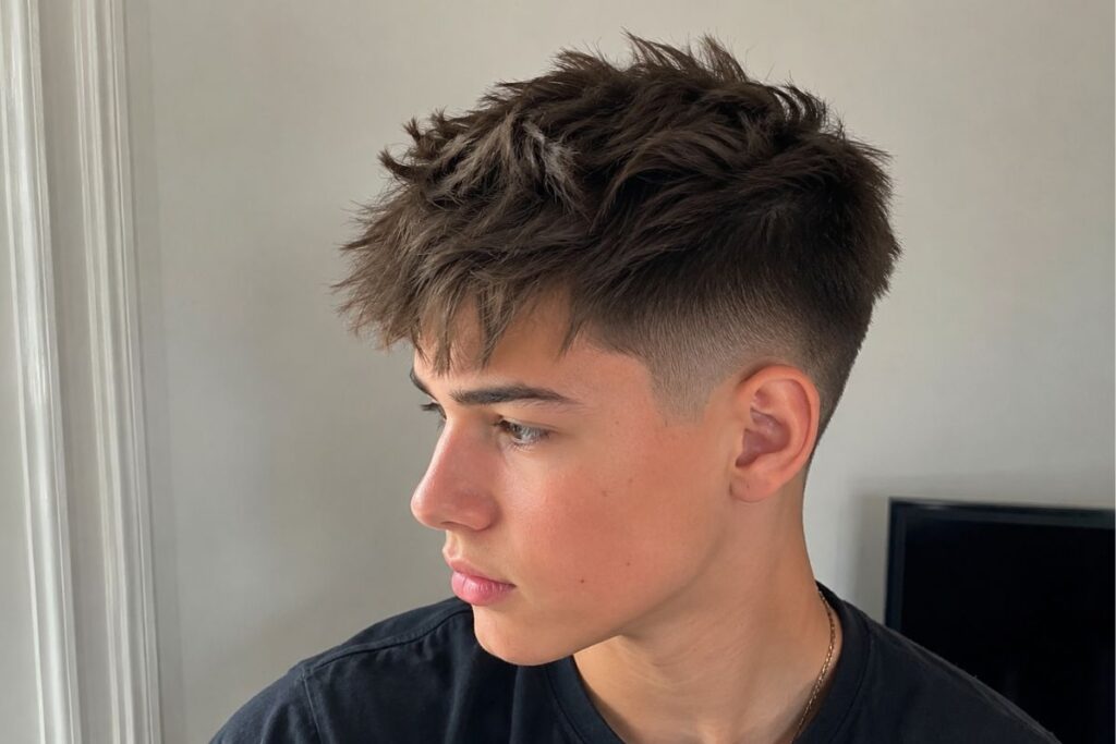 Textured crop haircut for teen boys with short choppy layers and faded sides