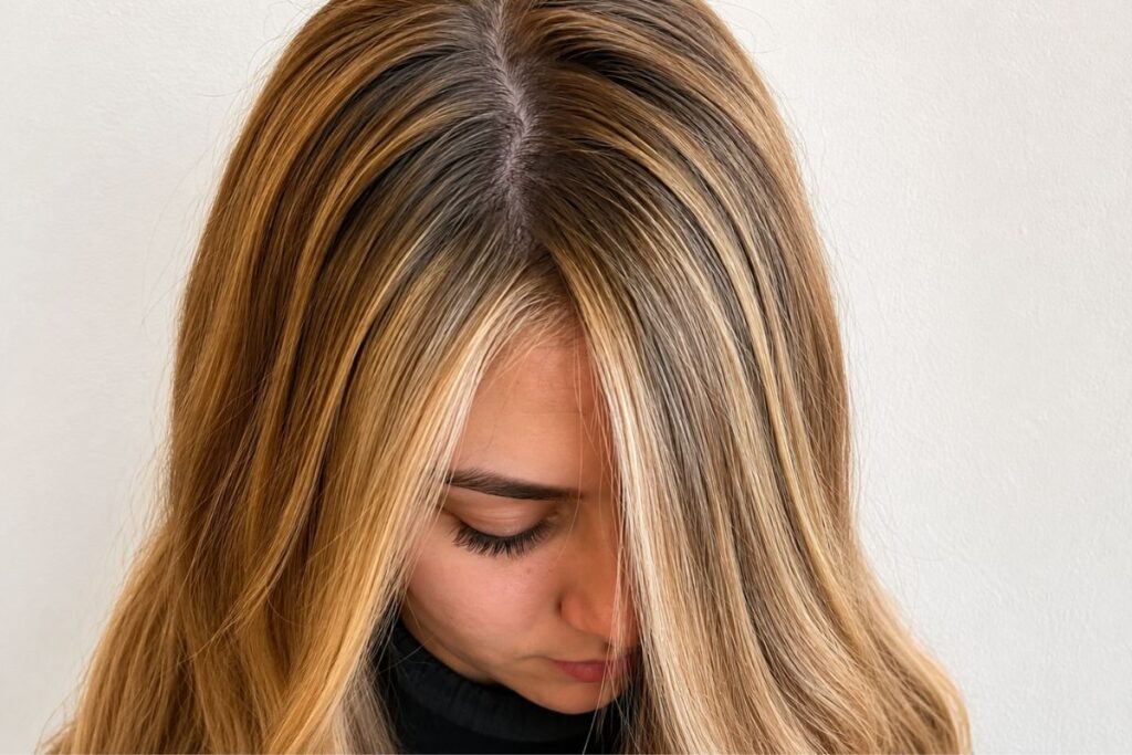Close up of toffee caramel blonde hair highlights