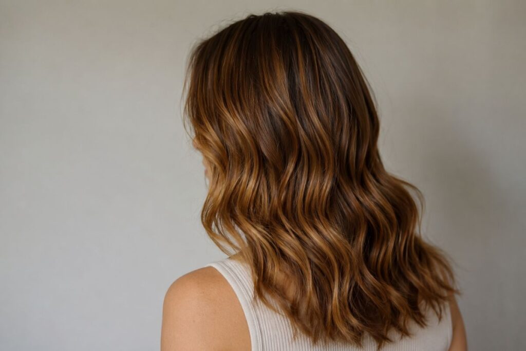 Toffee hair color level 6 with soft warm golden caramel tones