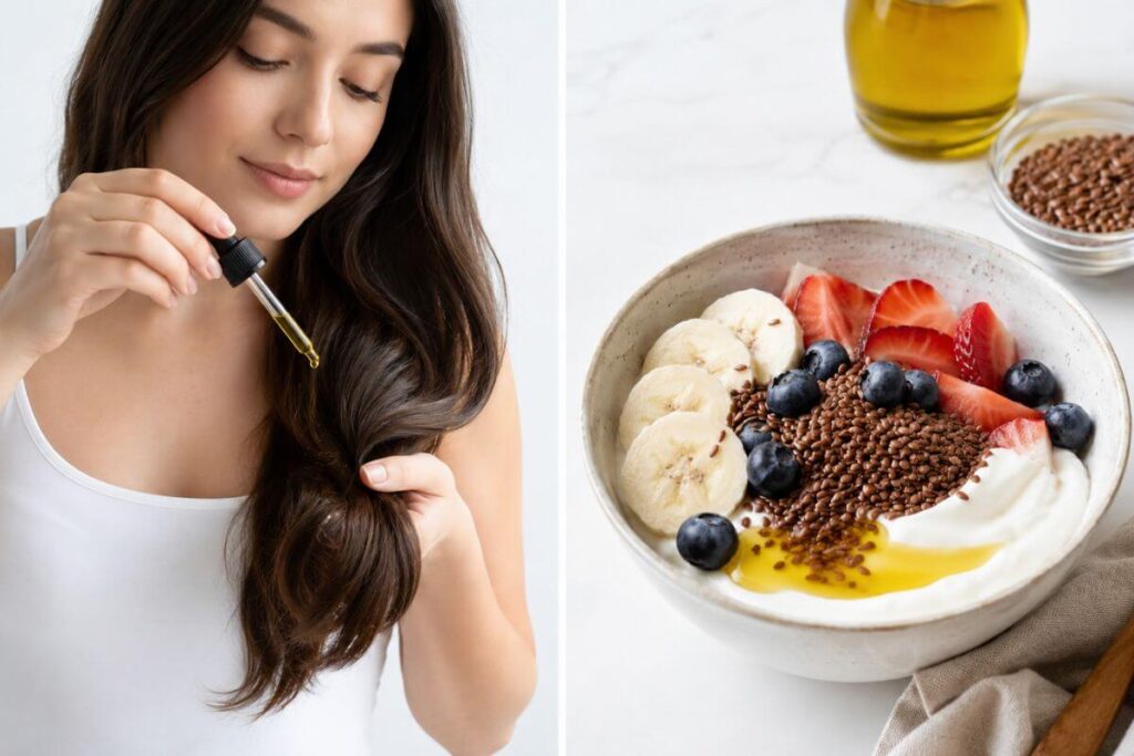 Comparison showing topical flaxseed oil versus dietary flaxseed oil for hair moisture, scalp health, and growth support.
