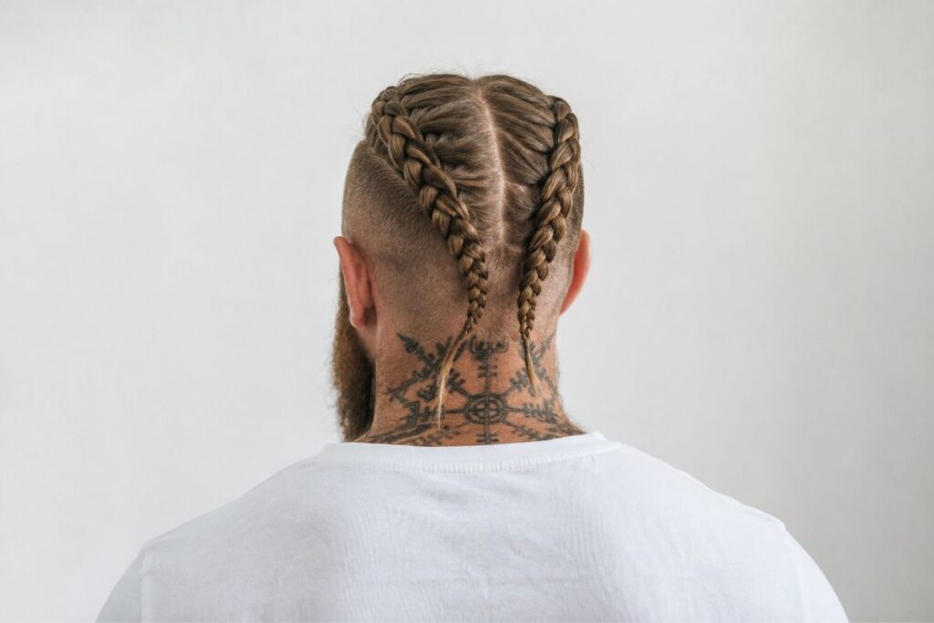 Viking two braid hairstyle with parallel braids from hairline to back
