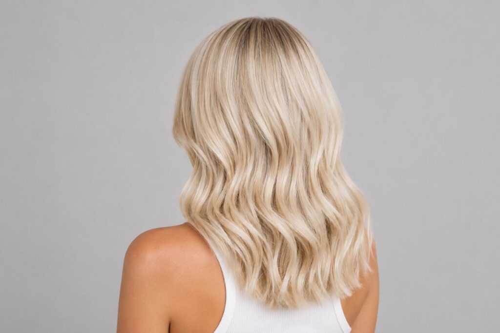 Vanilla blonde hair color level 9 with neutral cool creamy tones