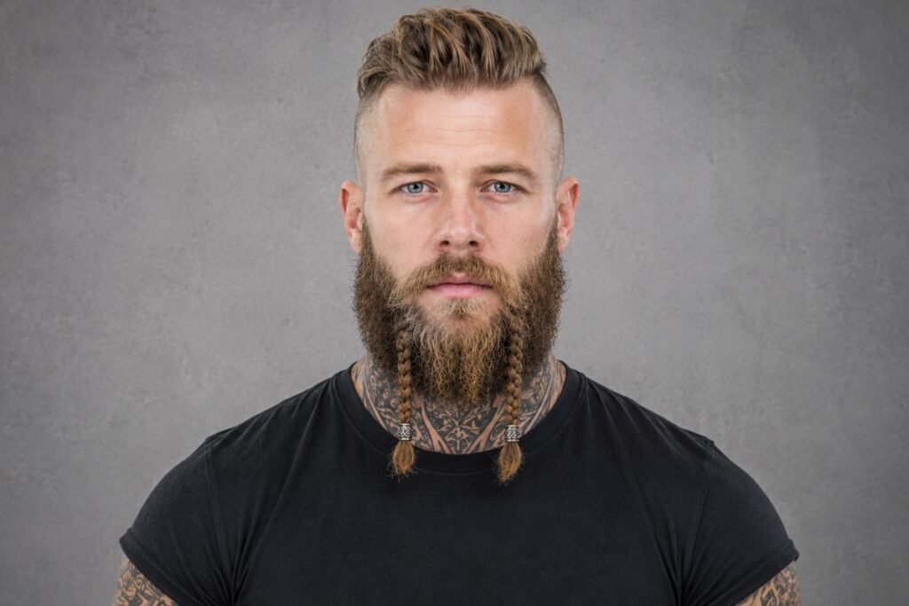 Viking beard pairing with full rugged braided beard and disconnected undercut