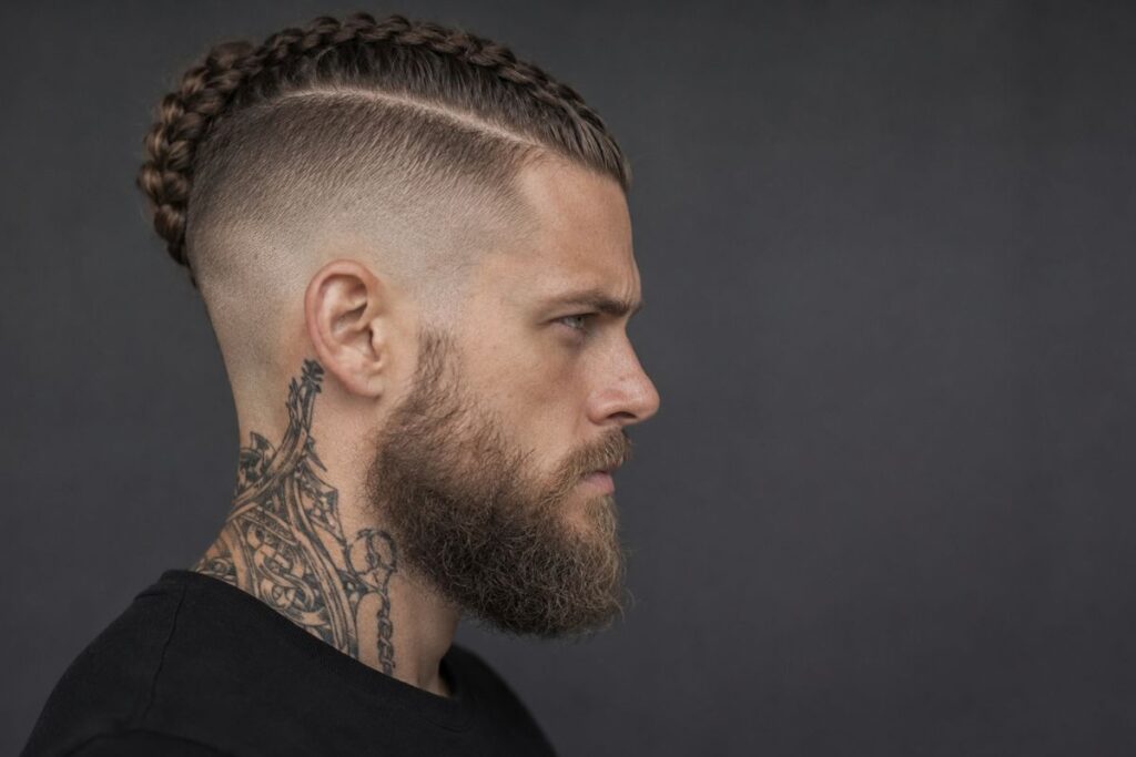 Viking braid with skin fade undercut and top section braided back