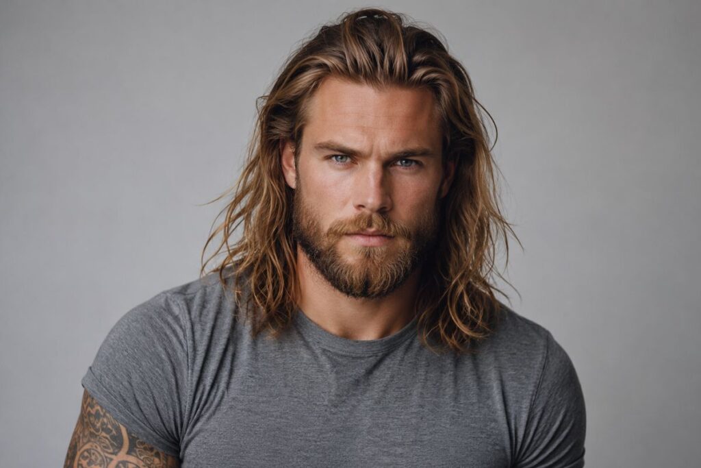 Viking bro flow hairstyle with medium to long loose flowing hair and no fade