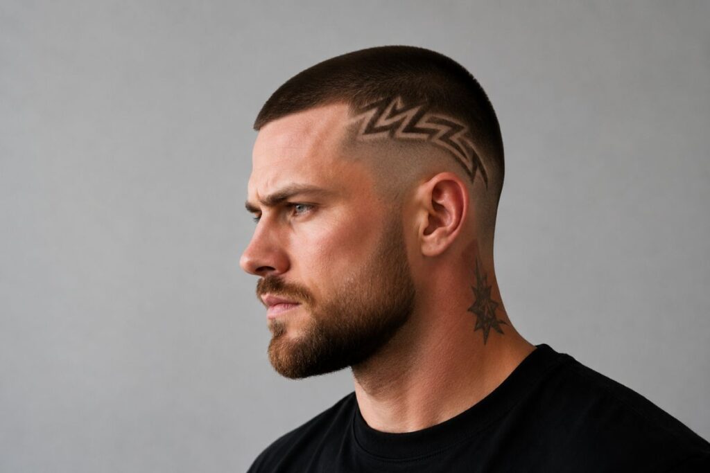 Viking buzz cut with sharp hairline lineup and tight faded sides