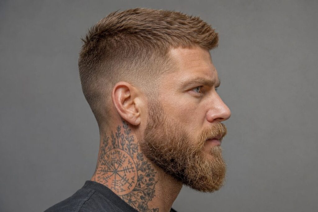 Viking crew cut with closely faded sides and short textured top