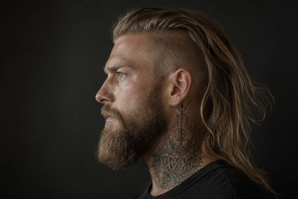 Viking long hair with undercut shaved sides and hair falling well below the ear