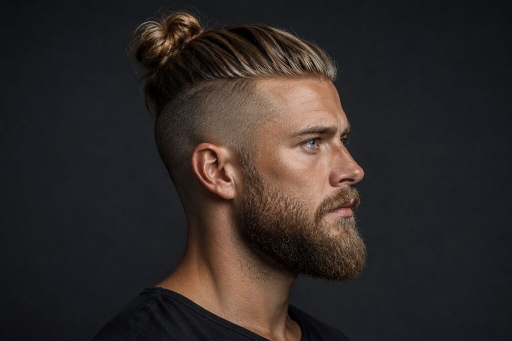 Viking man bun with shaved faded sides and long hair tied on top