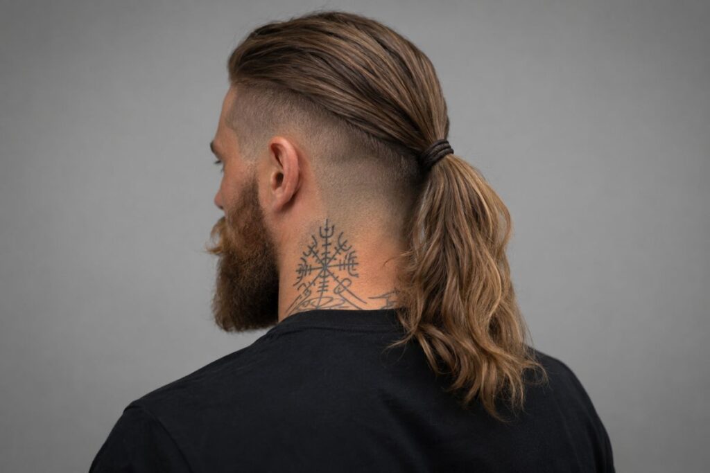 Viking ponytail with long hair tied with leather cord and undercut faded sides