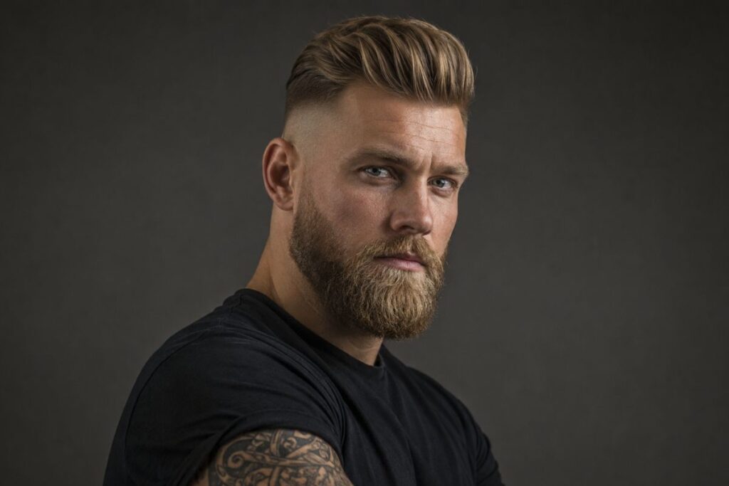 Viking style quiff haircut with lifted top for height and tightly faded sides