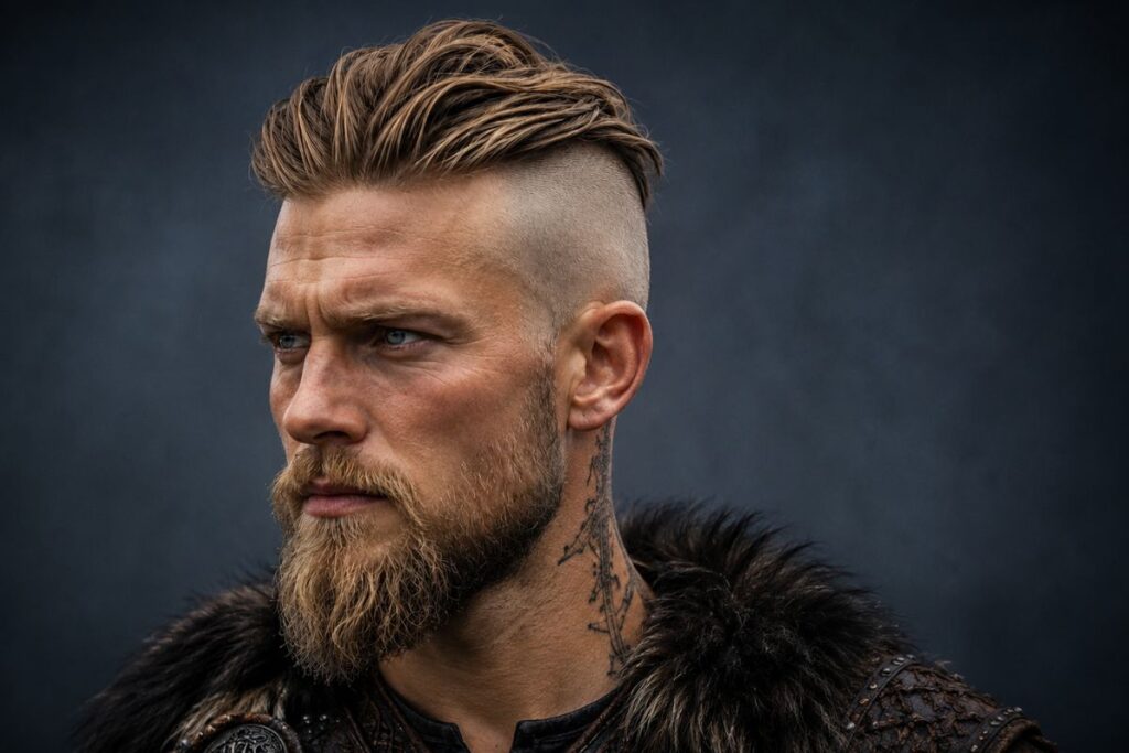 Viking haircut with completely shaved sides and longer hair on top