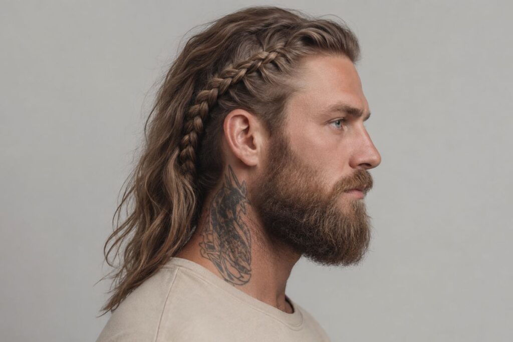 Viking side braid hairstyle with single braid along temple and loose hair