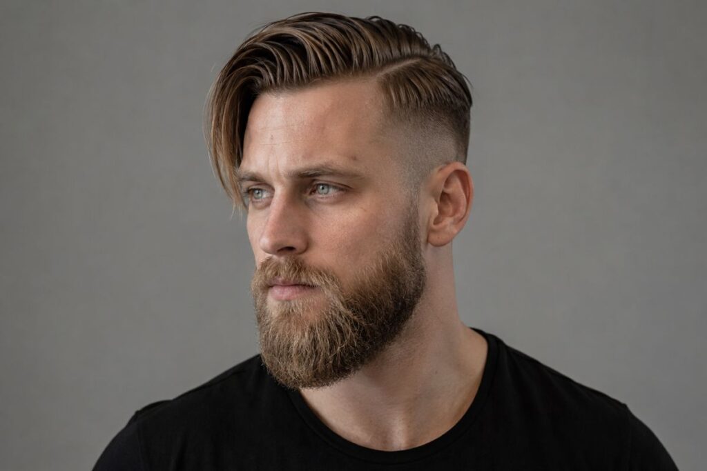 Viking inspired side part haircut with deep part swept to one side and faded sides