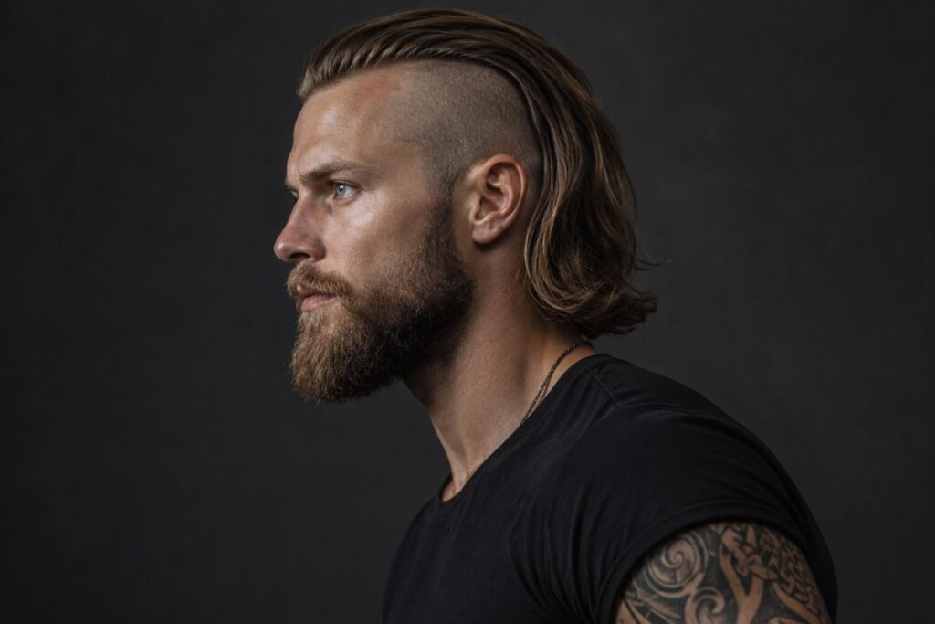 Viking undercut with shaved sides and long hair falling below the ear