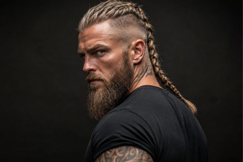 Viking warrior braid with hair pulled tightly back from temples and faded