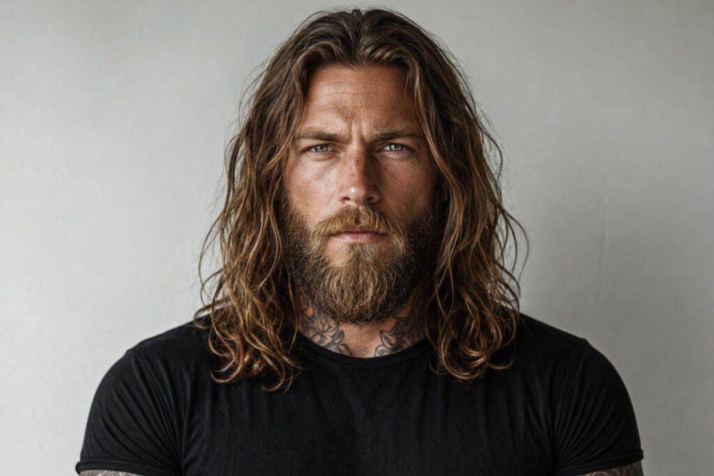 Viking warrior long hair with shoulder length loose waves parted in the middle