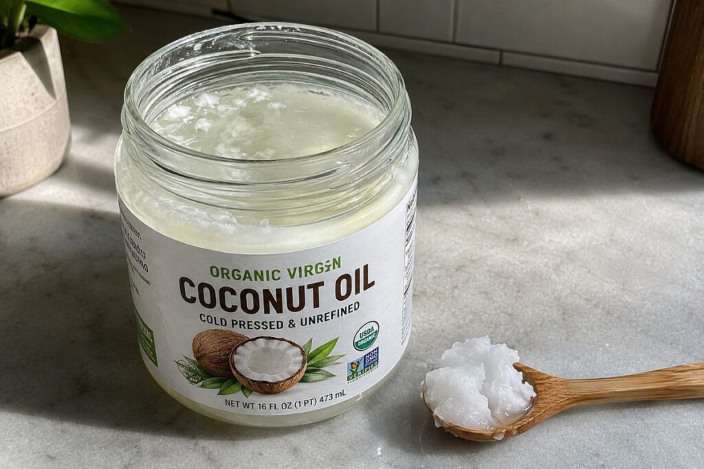 Jar of virgin coconut oil showing solid and melted texture