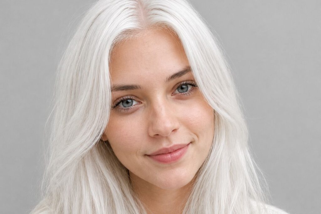 Woman with rare natural white or silver hair from birth