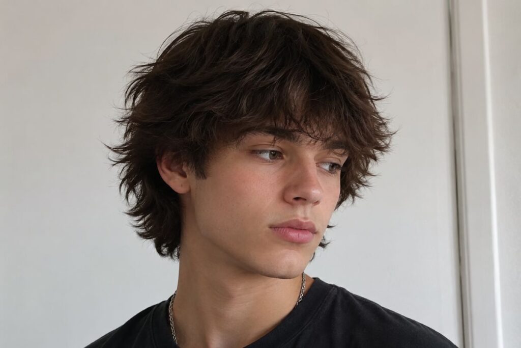 Wolf cut haircut for teen boys with choppy layers blending into longer shaggy hair