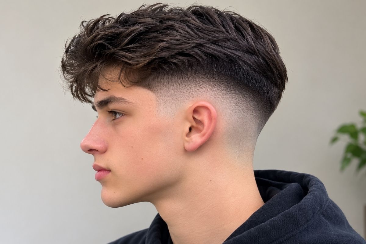 Skin fade haircut with high contrast on straight to wavy hair