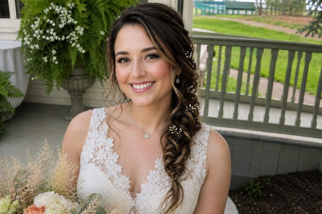 Boho side braid wedding hairstyle for round face