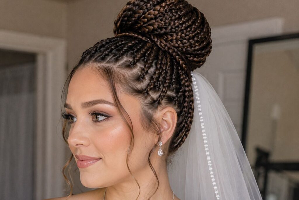 Box braids updo wedding hairstyle for round face