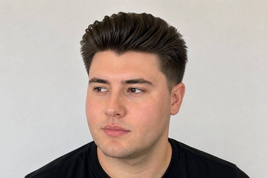 Brush up hairstyle for round face shape men