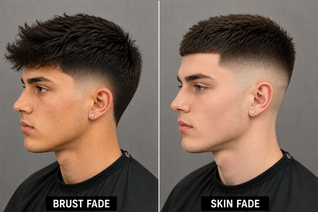 Burst fade vs skin fade haircut comparison, side profile view