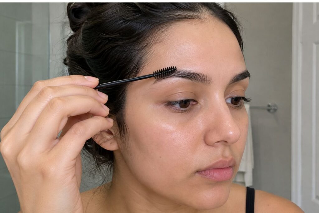 Applying castor oil to eyebrows with a spoolie brush