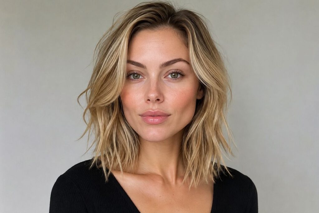 Choppy lob hairstyle for diamond face shape