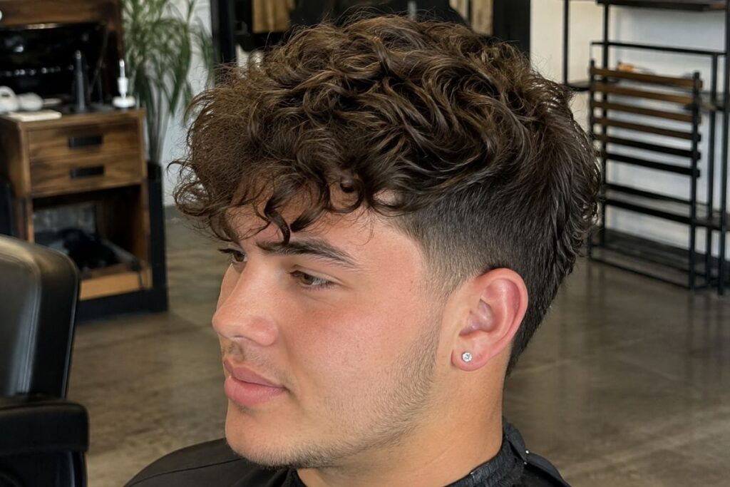 Curly fringe hairstyle for round face shape men