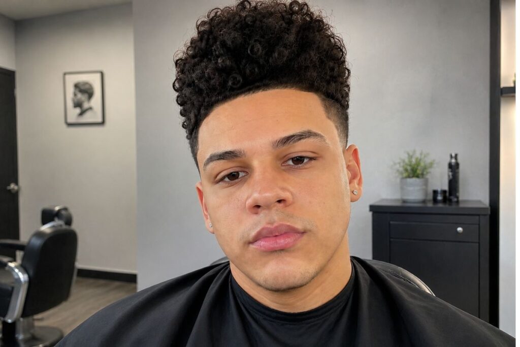 Curly high top hairstyle for round face shape men