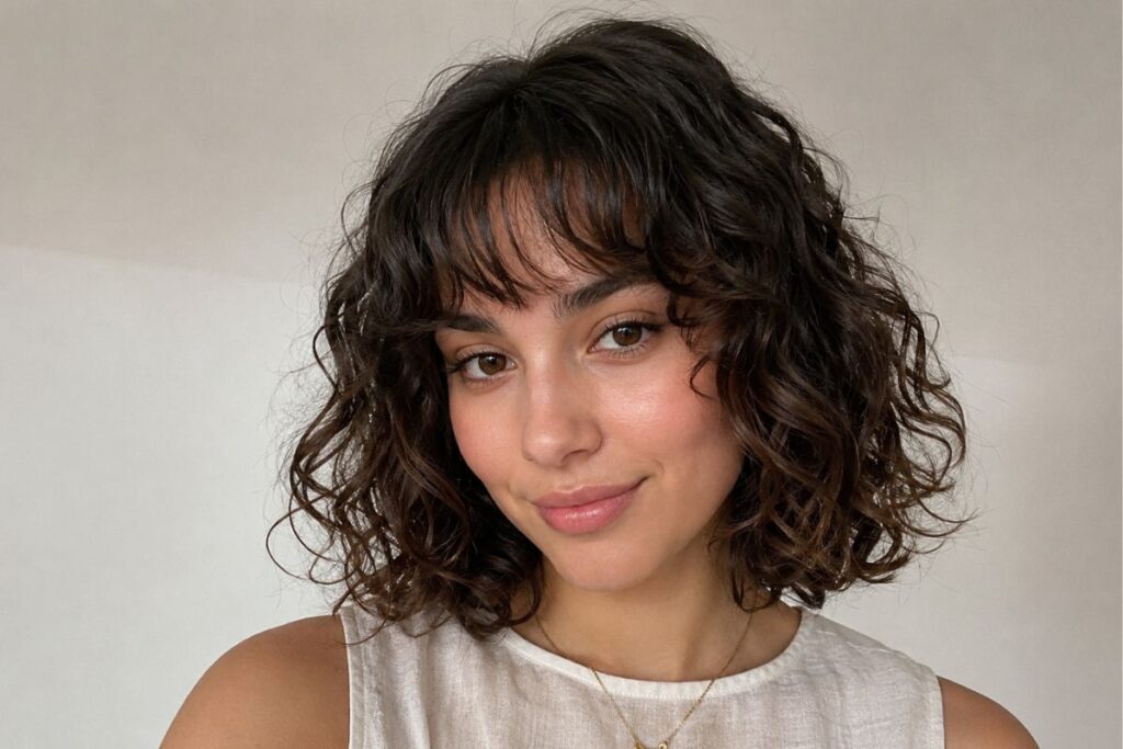Curly lob with bangs for diamond face shape