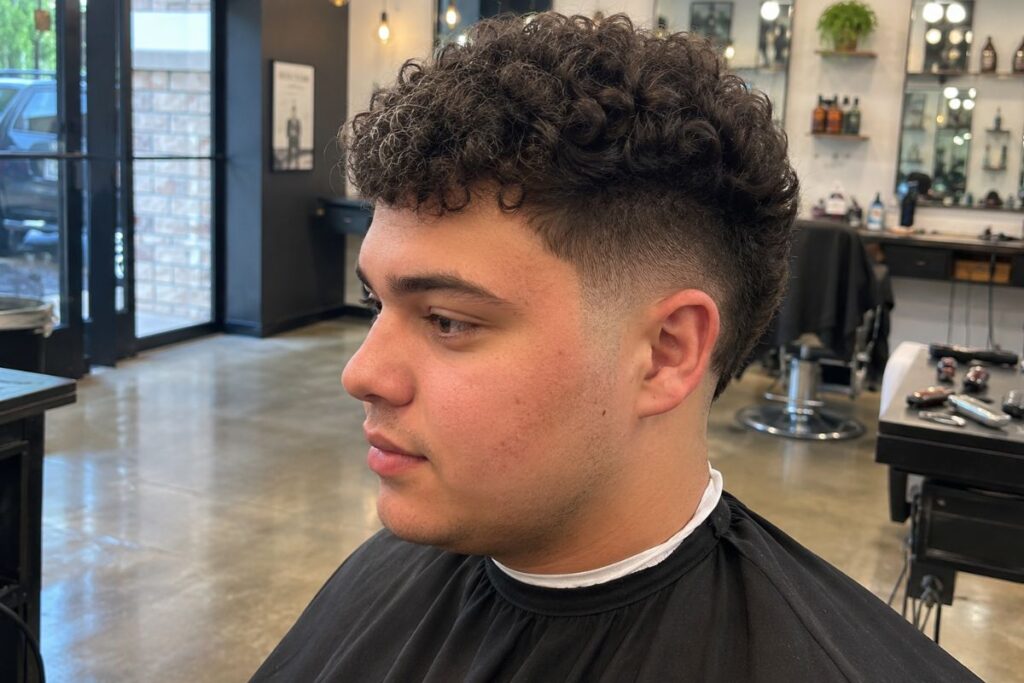 Curly taper fade hairstyle for round face shape men