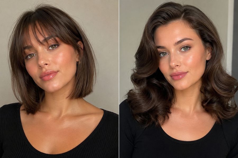 Diamond face shape hairstyles sleek lob and retro waves