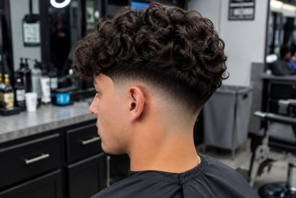 Boy with curly hair and a drop fade haircut curving behind the ear