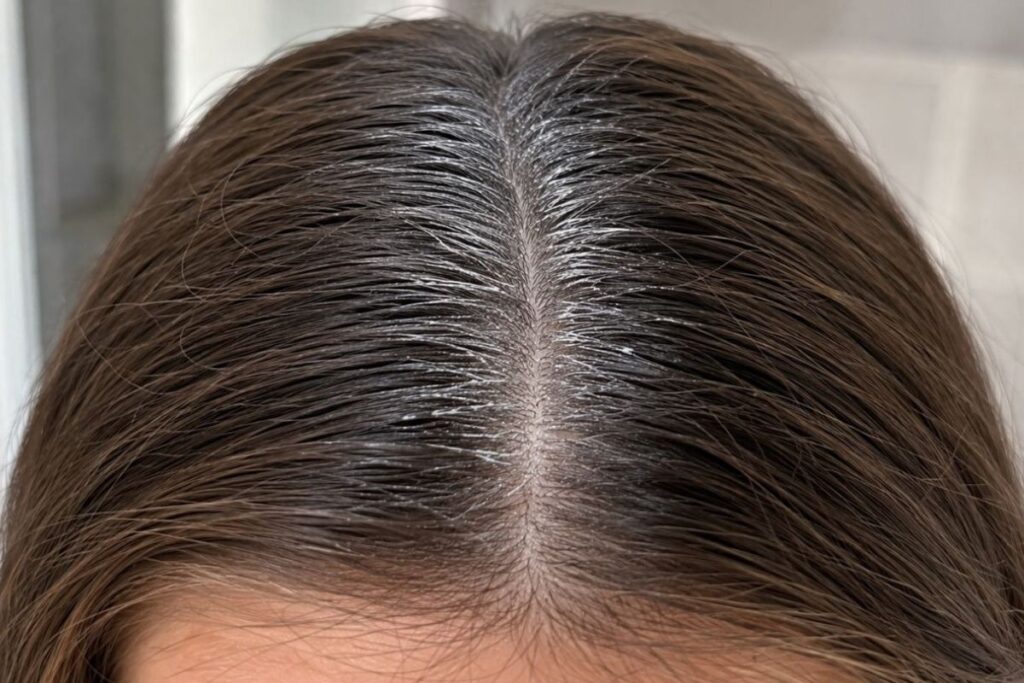 Clumped dry shampoo residue from a common application mistake