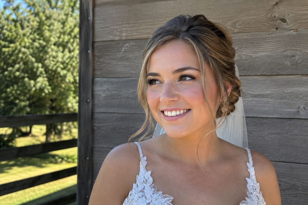 Face framing updo wedding hairstyle for round face
