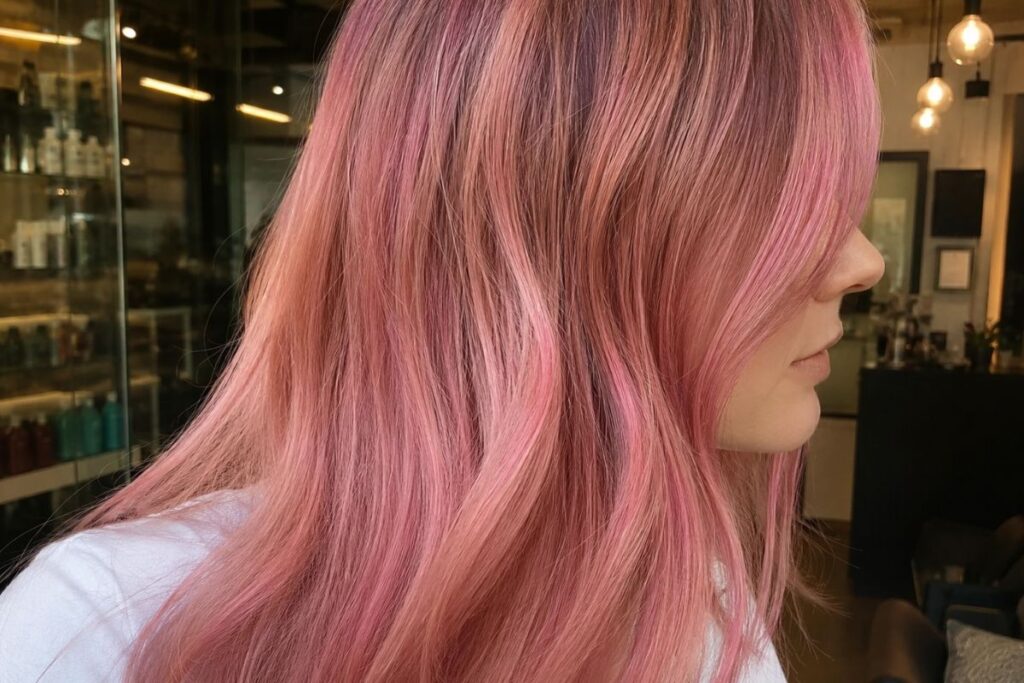 Fashion colors hair coloring technique in pastel pink