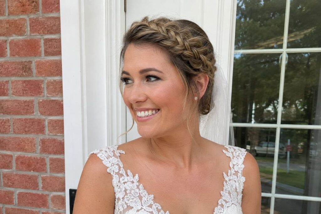 Fishtail braided crown wedding hairstyle for round face
