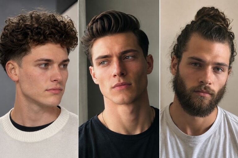 Hairstyles for diamond face shape male curly high top pompadour man bun