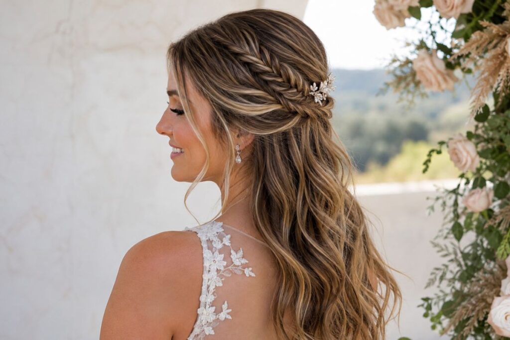 Half up fishtail braid wedding hairstyle for round face