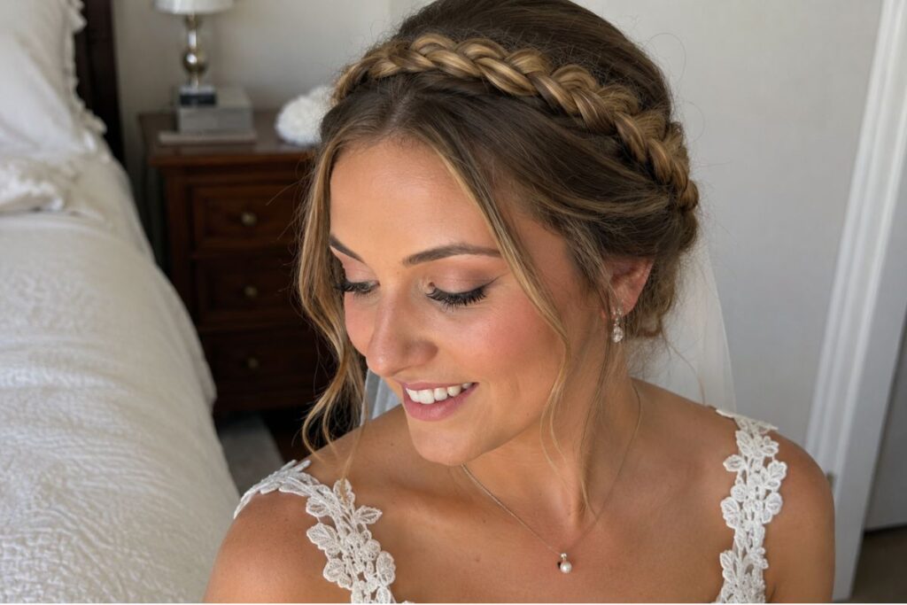 Halo braid wedding hairstyle for round face